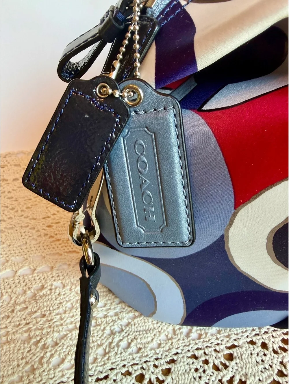 Coach 21233 Kristin Op Art Satin Satchel Crossbody Bag Blue Red Patent Leather